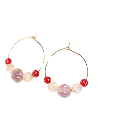 Beaded Hoop Earrings – Lilac Bead with Red and Gold Beads