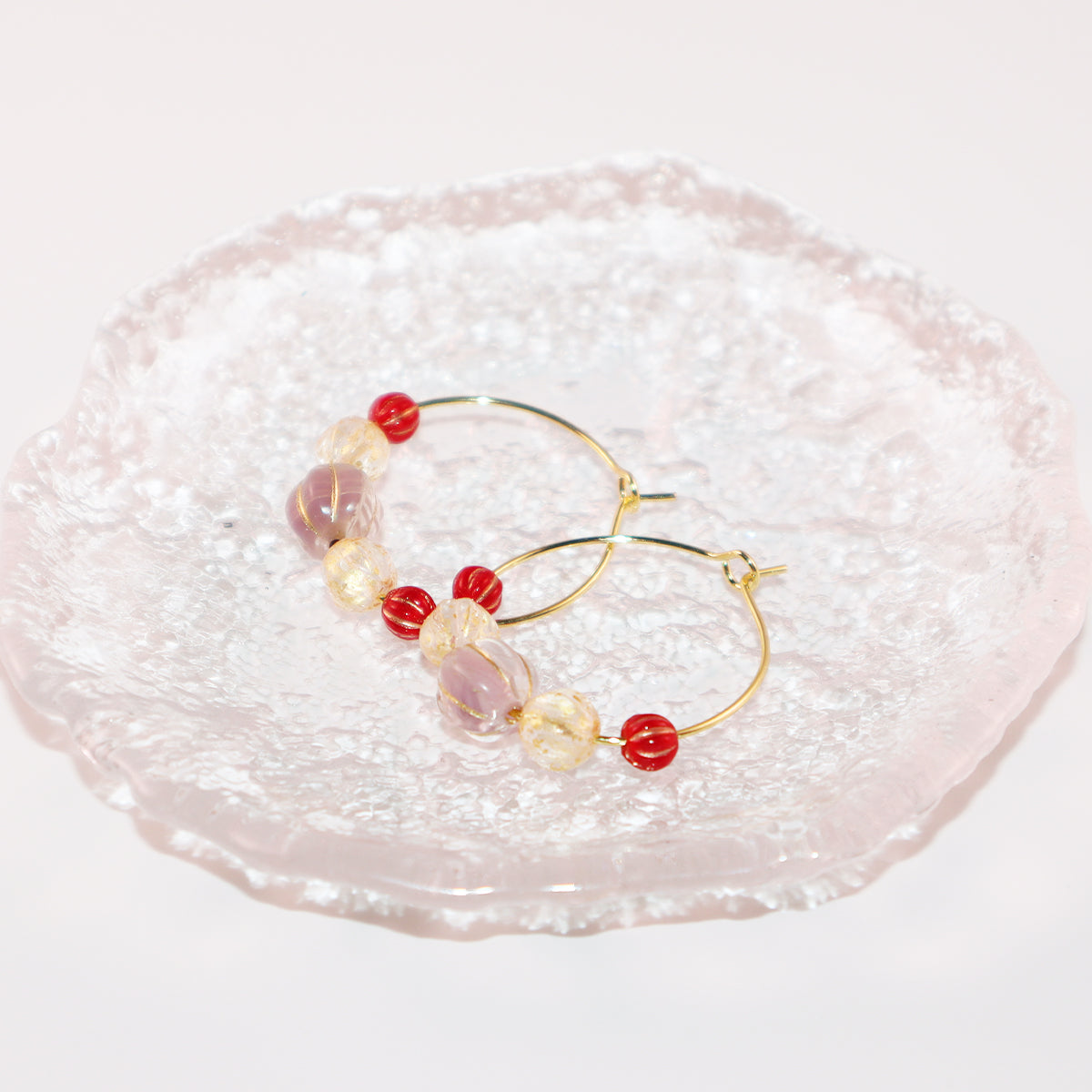 Beaded Hoop Earrings – Lilac Bead with Red and Gold Beads
