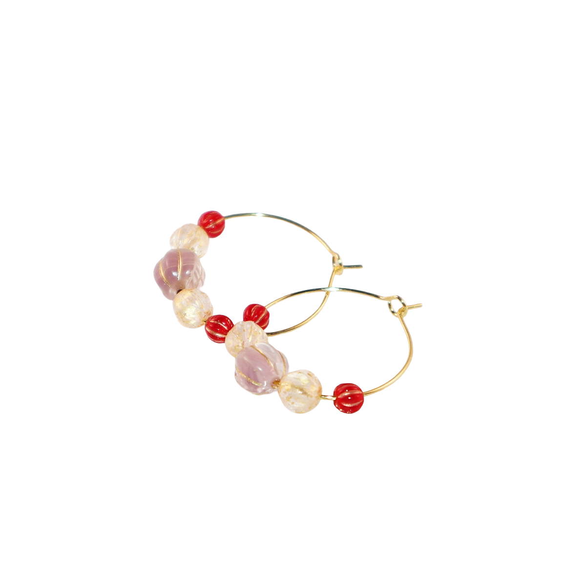 Beaded Hoop Earrings – Lilac Bead with Red and Gold Beads