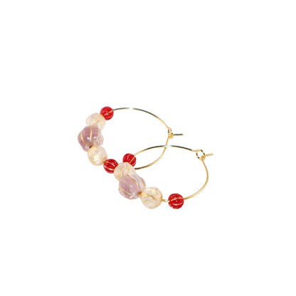 Beaded Hoop Earrings – Lilac Bead with Red and Gold Beads