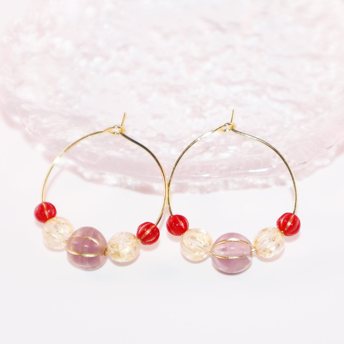 Beaded Hoop Earrings – Lilac Bead with Red and Gold Beads