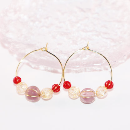 Beaded Hoop Earrings – Lilac Bead with Red and Gold Beads