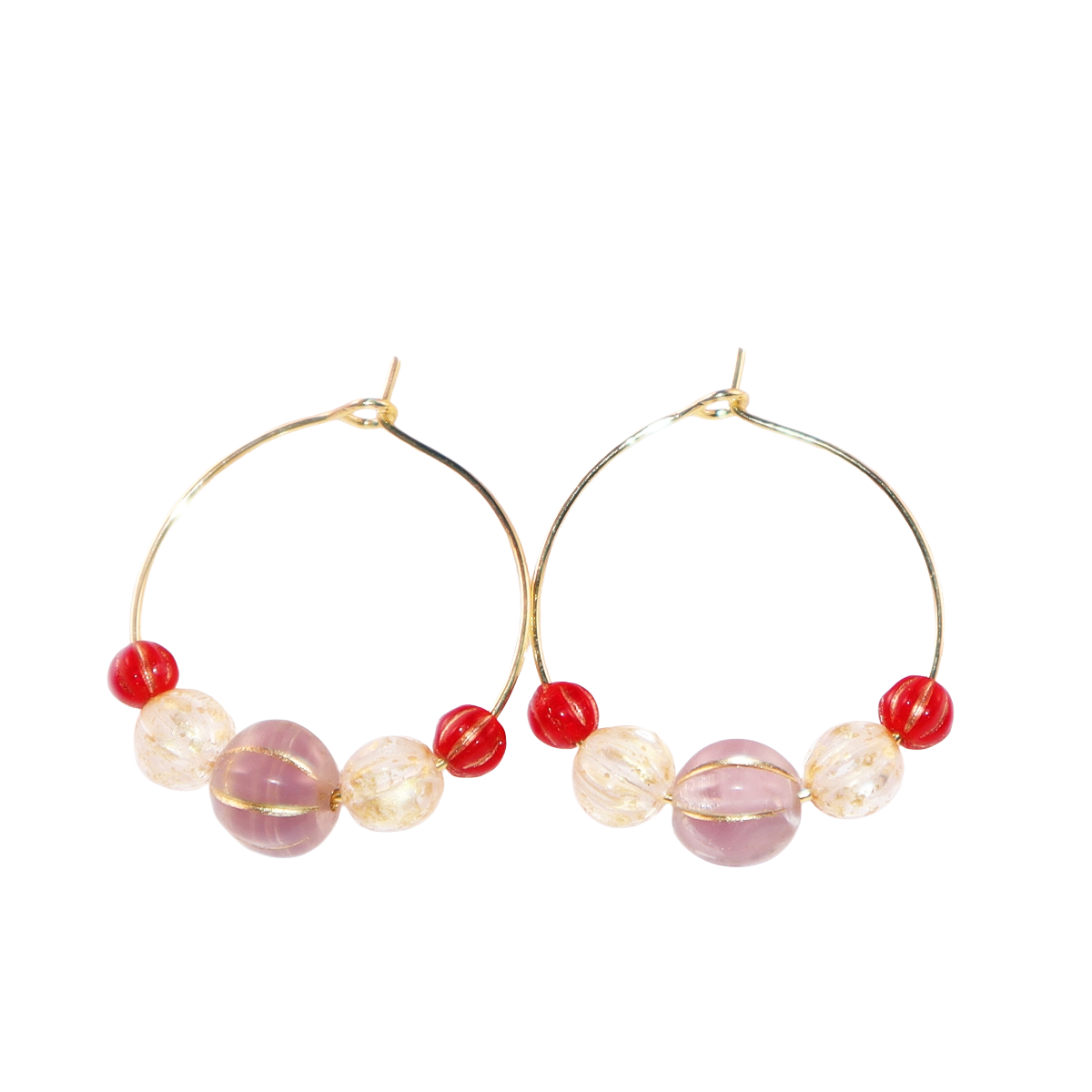 Beaded Hoop Earrings – Lilac Bead with Red and Gold Beads