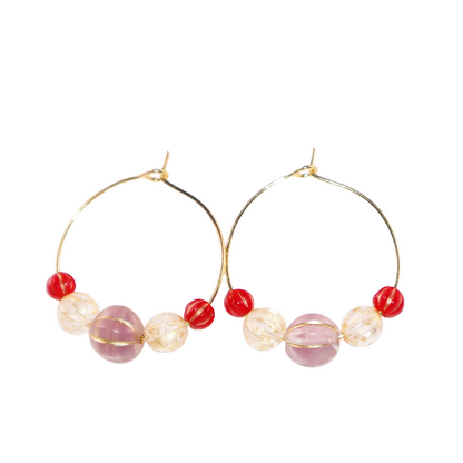 Beaded Hoop Earrings – Lilac Bead with Red and Gold Beads