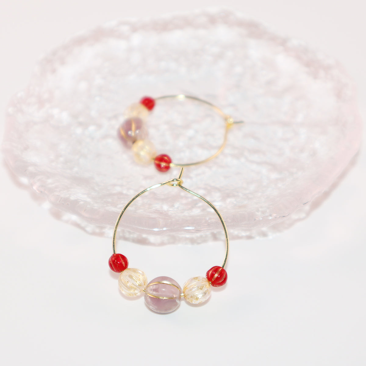 Beaded Hoop Earrings – Lilac Bead with Red and Gold Beads