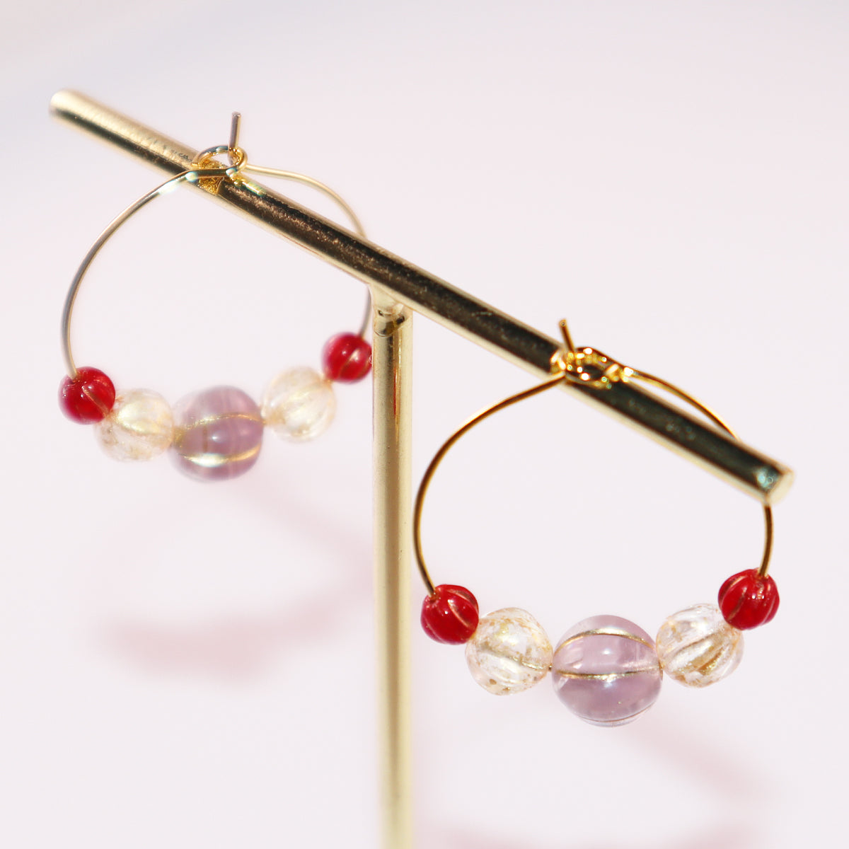 Beaded Hoop Earrings – Lilac Bead with Red and Gold Beads
