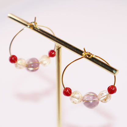 Beaded Hoop Earrings – Lilac Bead with Red and Gold Beads