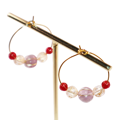 Beaded Hoop Earrings – Lilac Bead with Red and Gold Beads