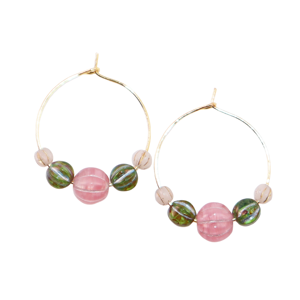Beaded Hoop Earrings – Pink Bead with Green and White Beads