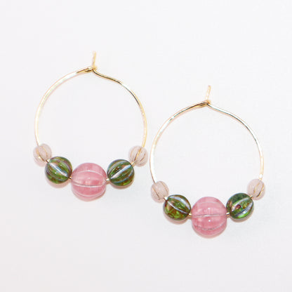 Beaded Hoop Earrings – Pink Bead with Green and White Beads