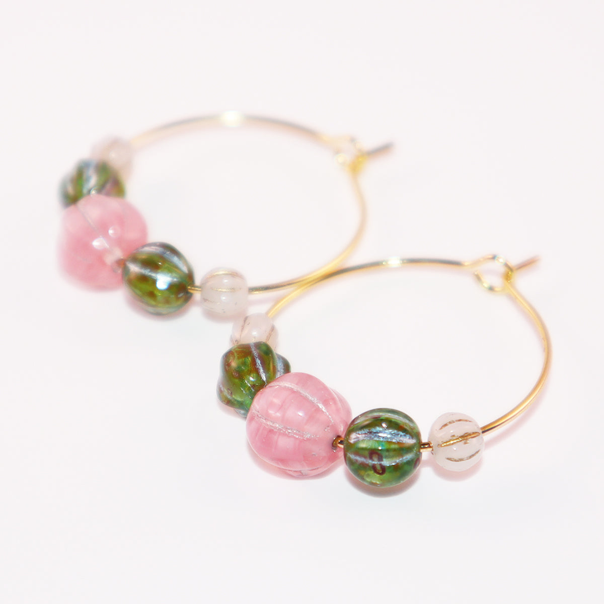 Beaded Hoop Earrings – Pink Bead with Green and White Beads