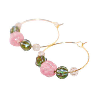 Beaded Hoop Earrings – Pink Bead with Green and White Beads