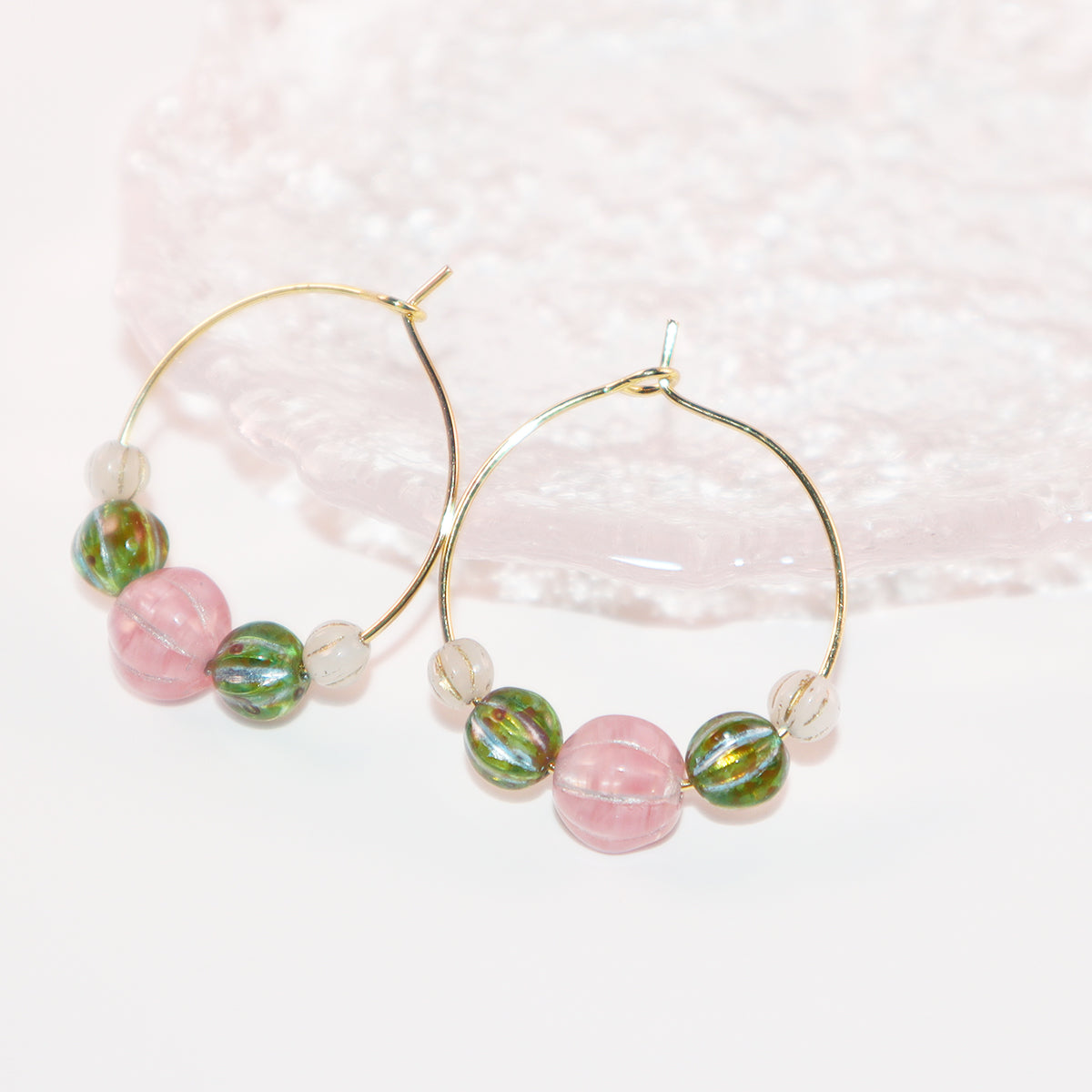 Beaded Hoop Earrings – Pink Bead with Green and White Beads