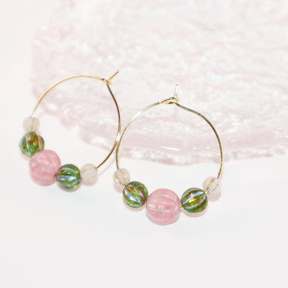 Beaded Hoop Earrings – Pink Bead with Green and White Beads
