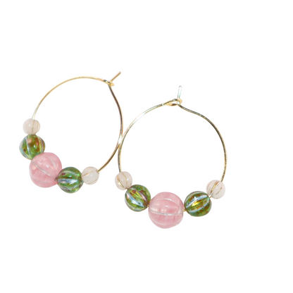 Beaded Hoop Earrings – Pink Bead with Green and White Beads