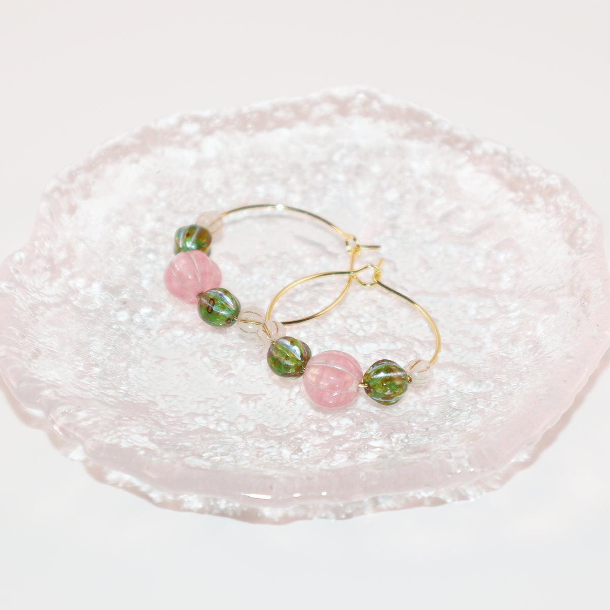 Beaded Hoop Earrings – Pink Bead with Green and White Beads