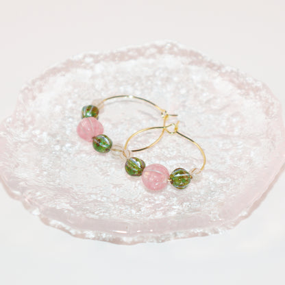 Beaded Hoop Earrings – Pink Bead with Green and White Beads