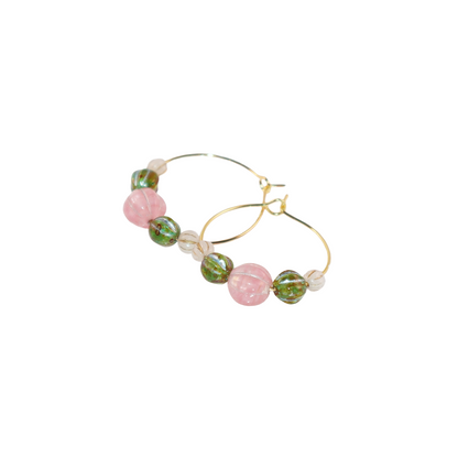 Beaded Hoop Earrings – Pink Bead with Green and White Beads