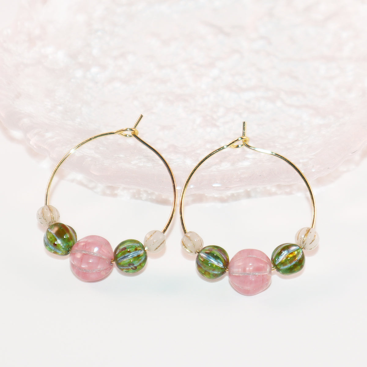 Beaded Hoop Earrings – Pink Bead with Green and White Beads