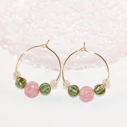 Beaded Hoop Earrings – Pink Bead with Green and White Beads