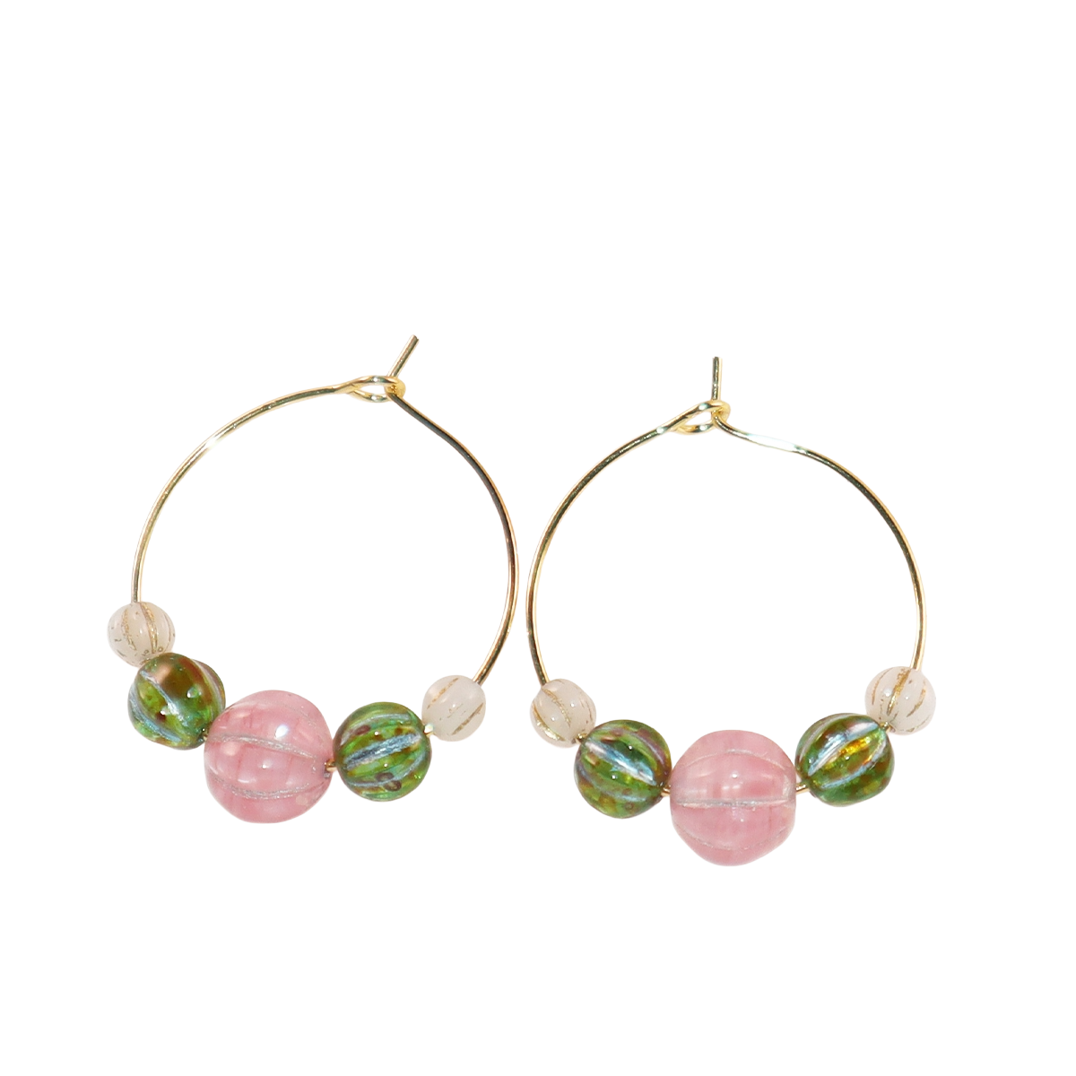 Beaded Hoop Earrings – Pink Bead with Green and White Beads