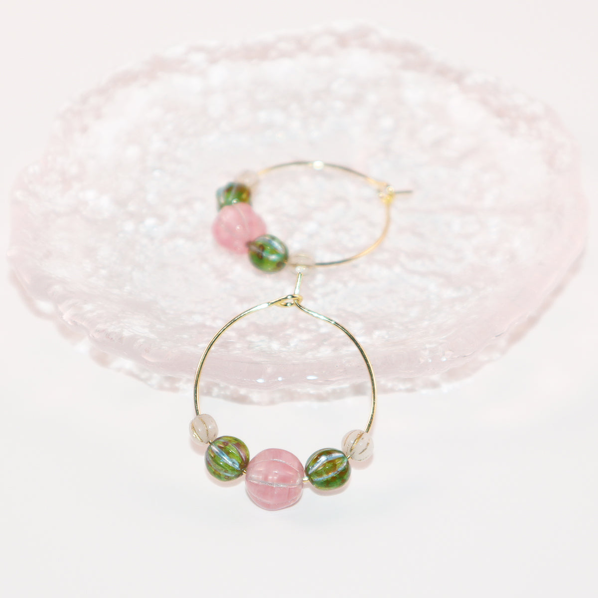 Beaded Hoop Earrings – Pink Bead with Green and White Beads