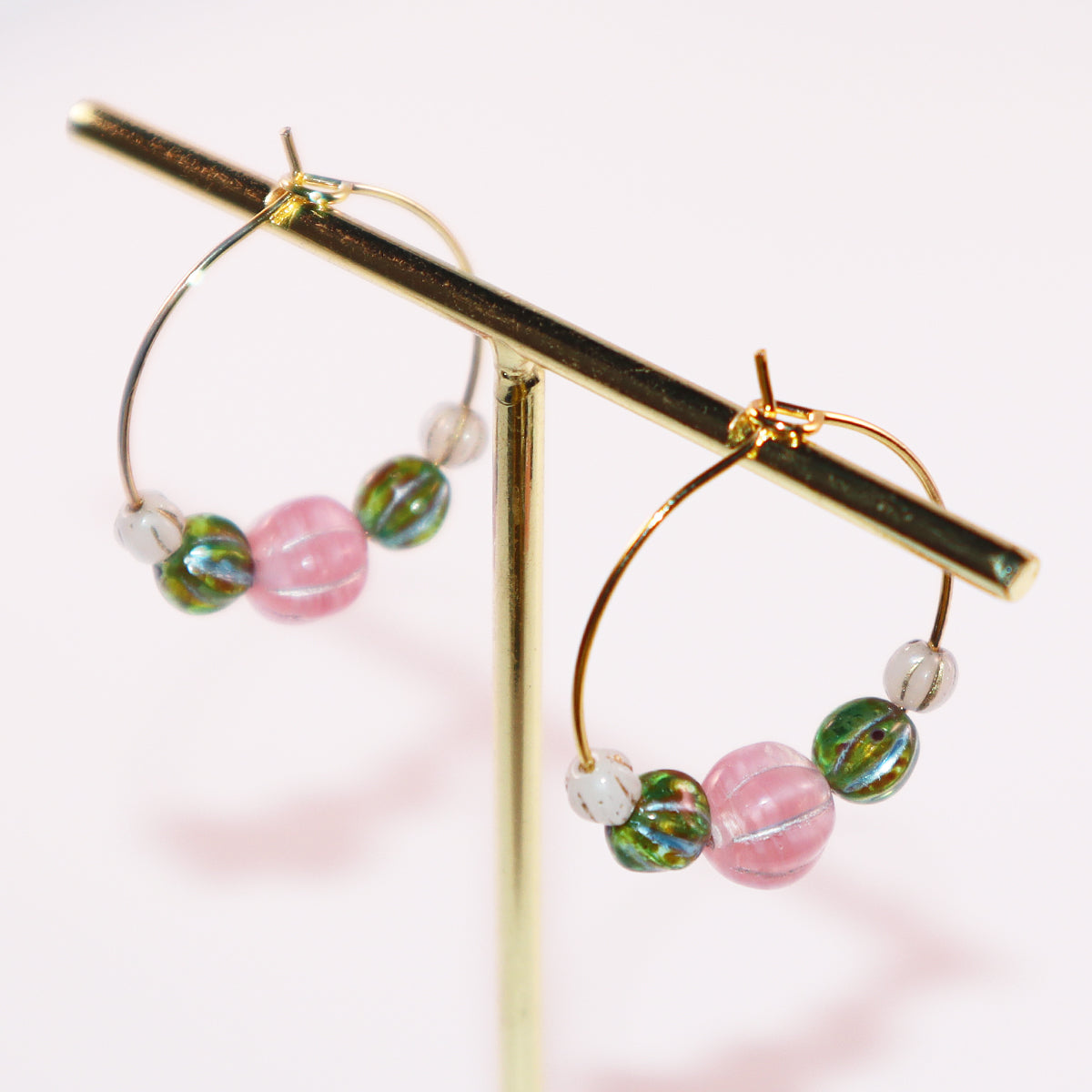 Beaded Hoop Earrings – Pink Bead with Green and White Beads