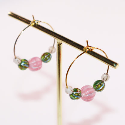 Beaded Hoop Earrings – Pink Bead with Green and White Beads