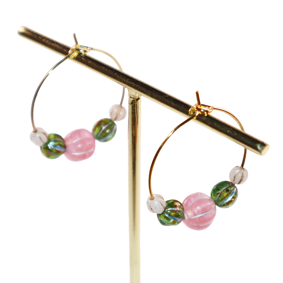 Beaded Hoop Earrings – Pink Bead with Green and White Beads
