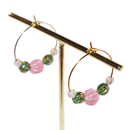 Beaded Hoop Earrings – Pink Bead with Green and White Beads