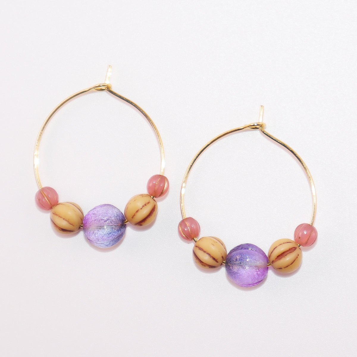 Beaded Hoop Earrings – Purple Bead with Pink and Brown Beads