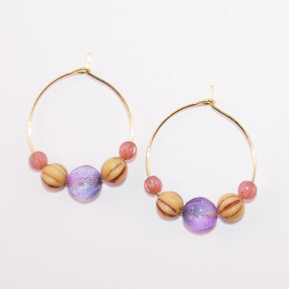 Beaded Hoop Earrings – Purple Bead with Pink and Brown Beads