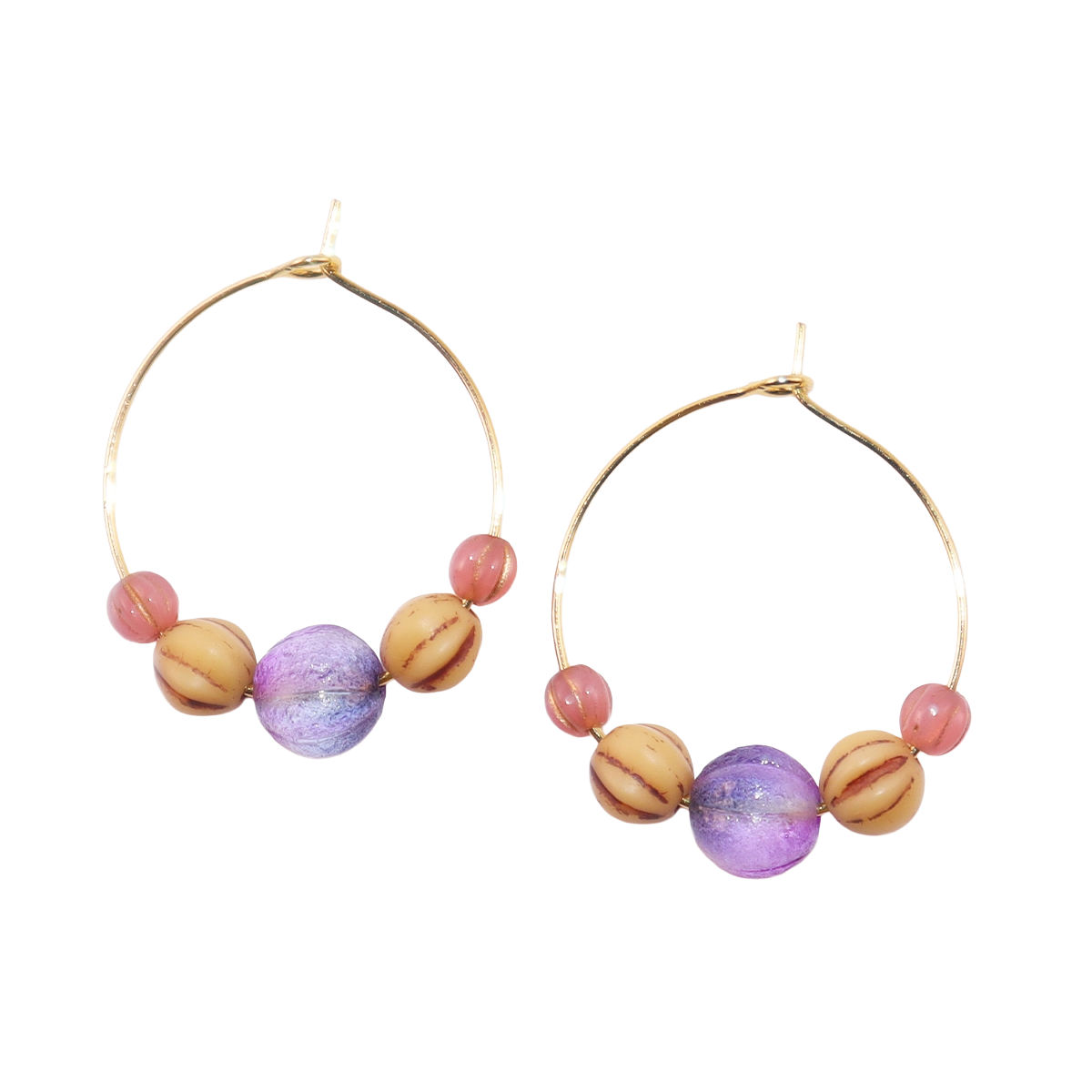 Beaded Hoop Earrings – Purple Bead with Pink and Brown Beads