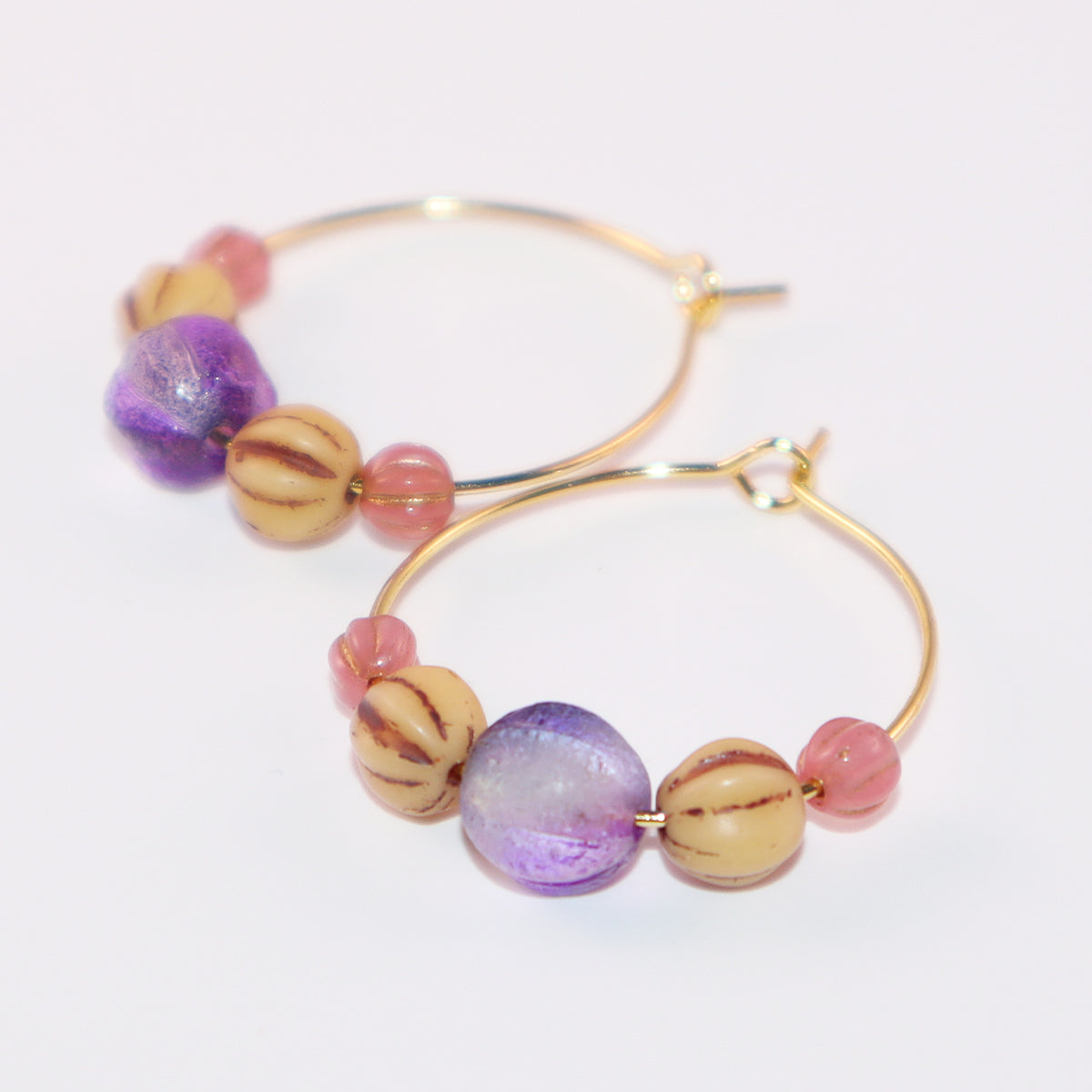 Beaded Hoop Earrings – Purple Bead with Pink and Brown Beads