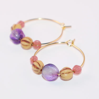 Beaded Hoop Earrings – Purple Bead with Pink and Brown Beads