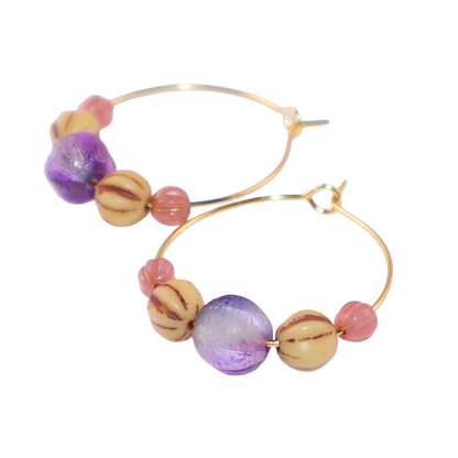 Beaded Hoop Earrings – Purple Bead with Pink and Brown Beads