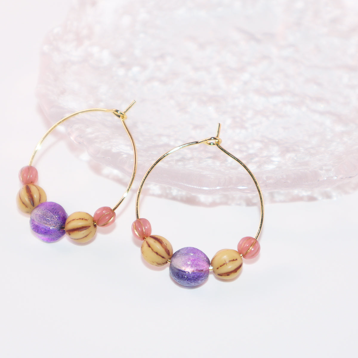 Beaded Hoop Earrings – Purple Bead with Pink and Brown Beads