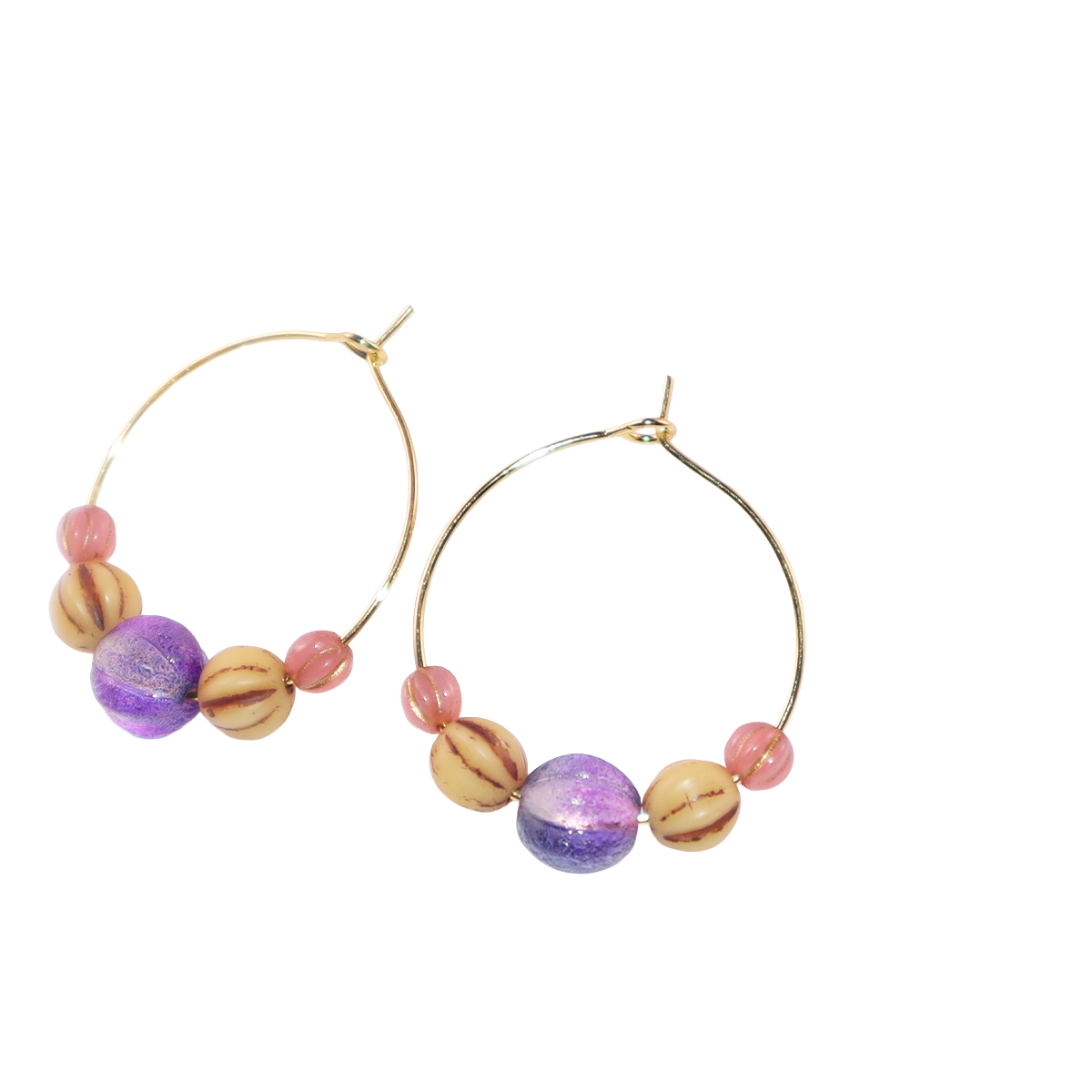 Beaded Hoop Earrings – Purple Bead with Pink and Brown Beads