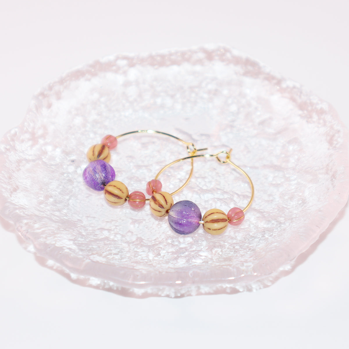 Beaded Hoop Earrings – Purple Bead with Pink and Brown Beads