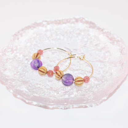 Beaded Hoop Earrings – Purple Bead with Pink and Brown Beads