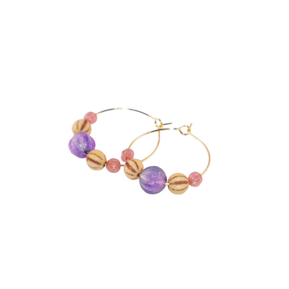 Beaded Hoop Earrings – Purple Bead with Pink and Brown Beads