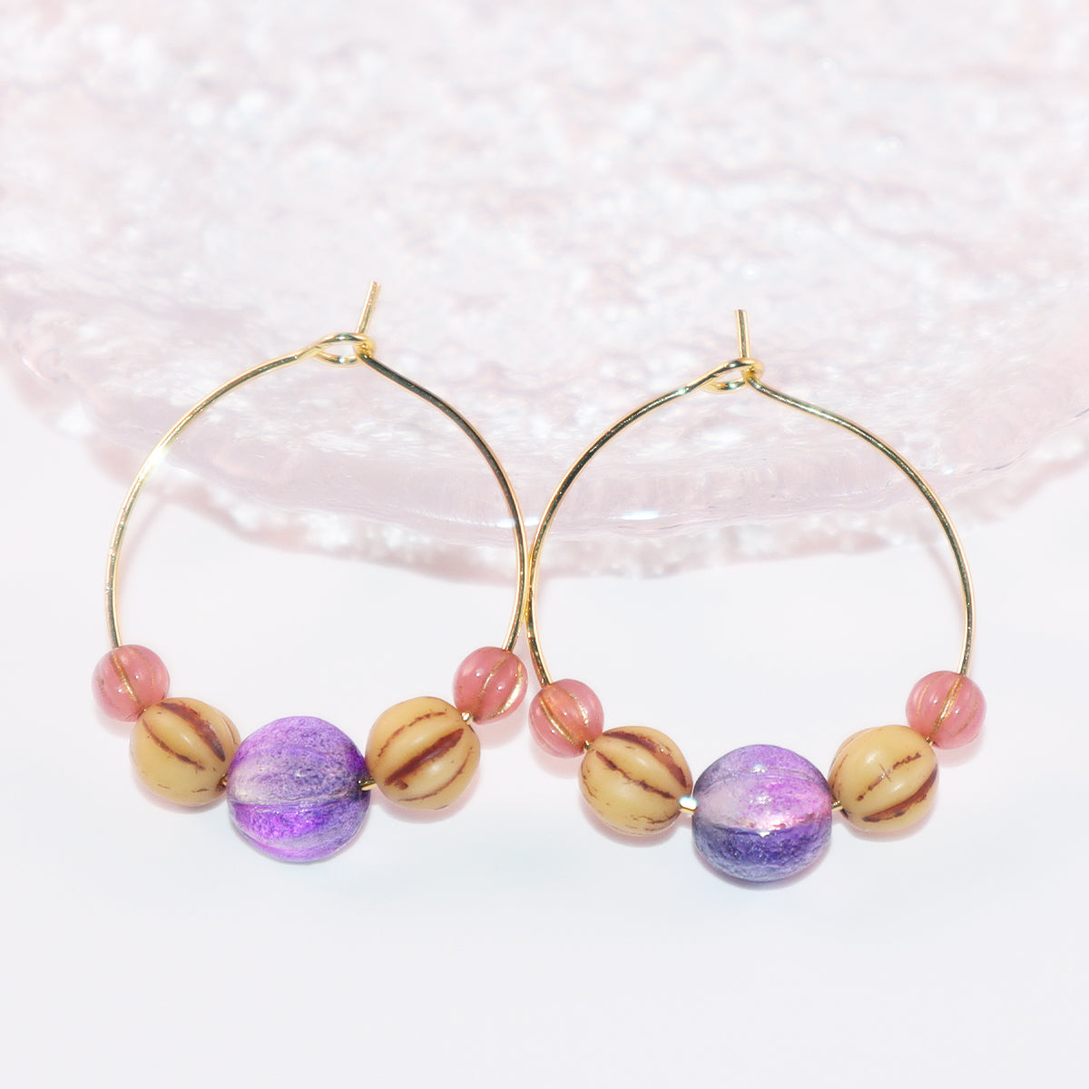 Beaded Hoop Earrings – Purple Bead with Pink and Brown Beads