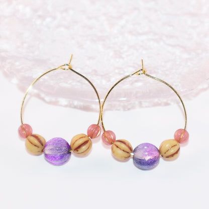 Beaded Hoop Earrings – Purple Bead with Pink and Brown Beads