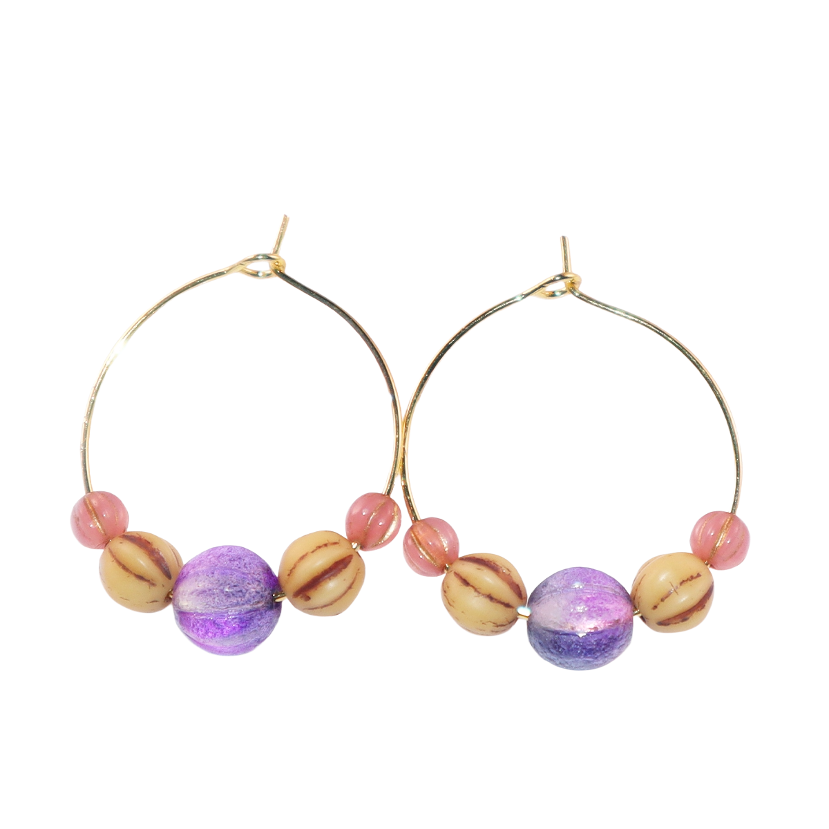 Beaded Hoop Earrings – Purple Bead with Pink and Brown Beads