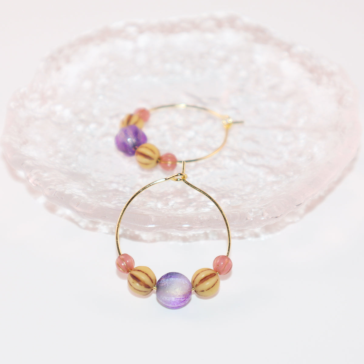 Beaded Hoop Earrings – Purple Bead with Pink and Brown Beads