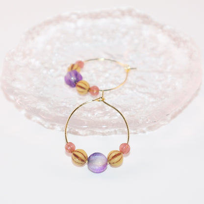 Beaded Hoop Earrings – Purple Bead with Pink and Brown Beads
