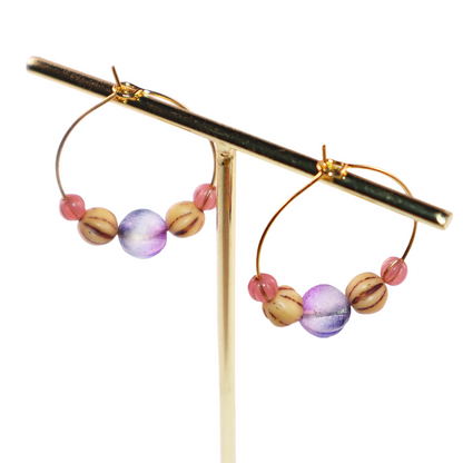Beaded Hoop Earrings – Purple Bead with Pink and Brown Beads