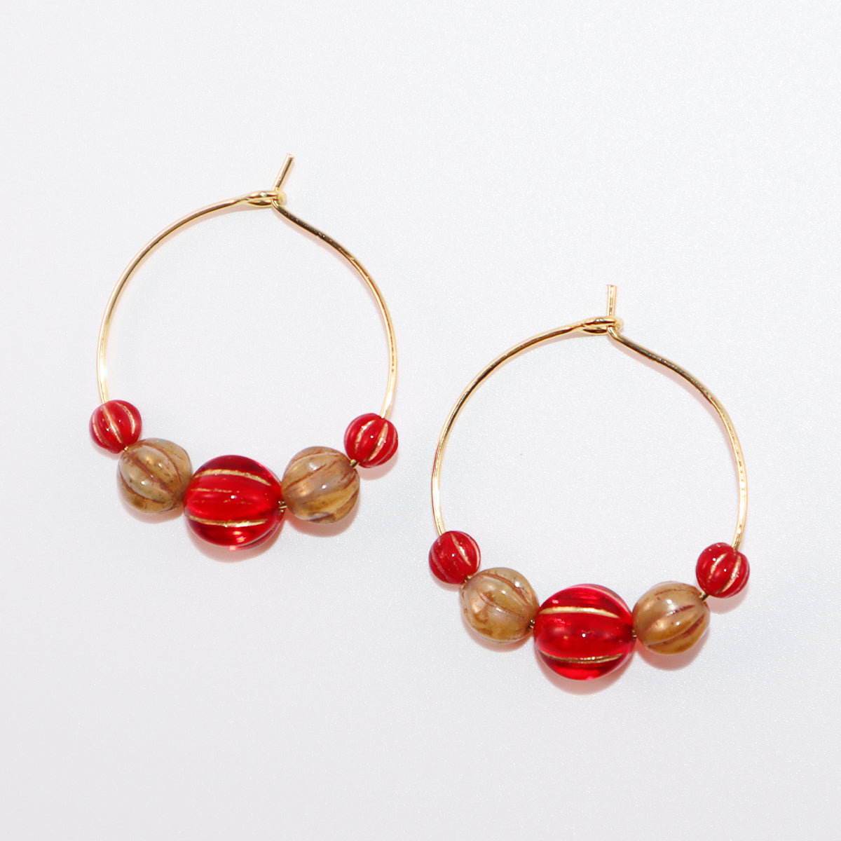 Beaded Hoop Earrings – Red Center with Brown and Red Beads