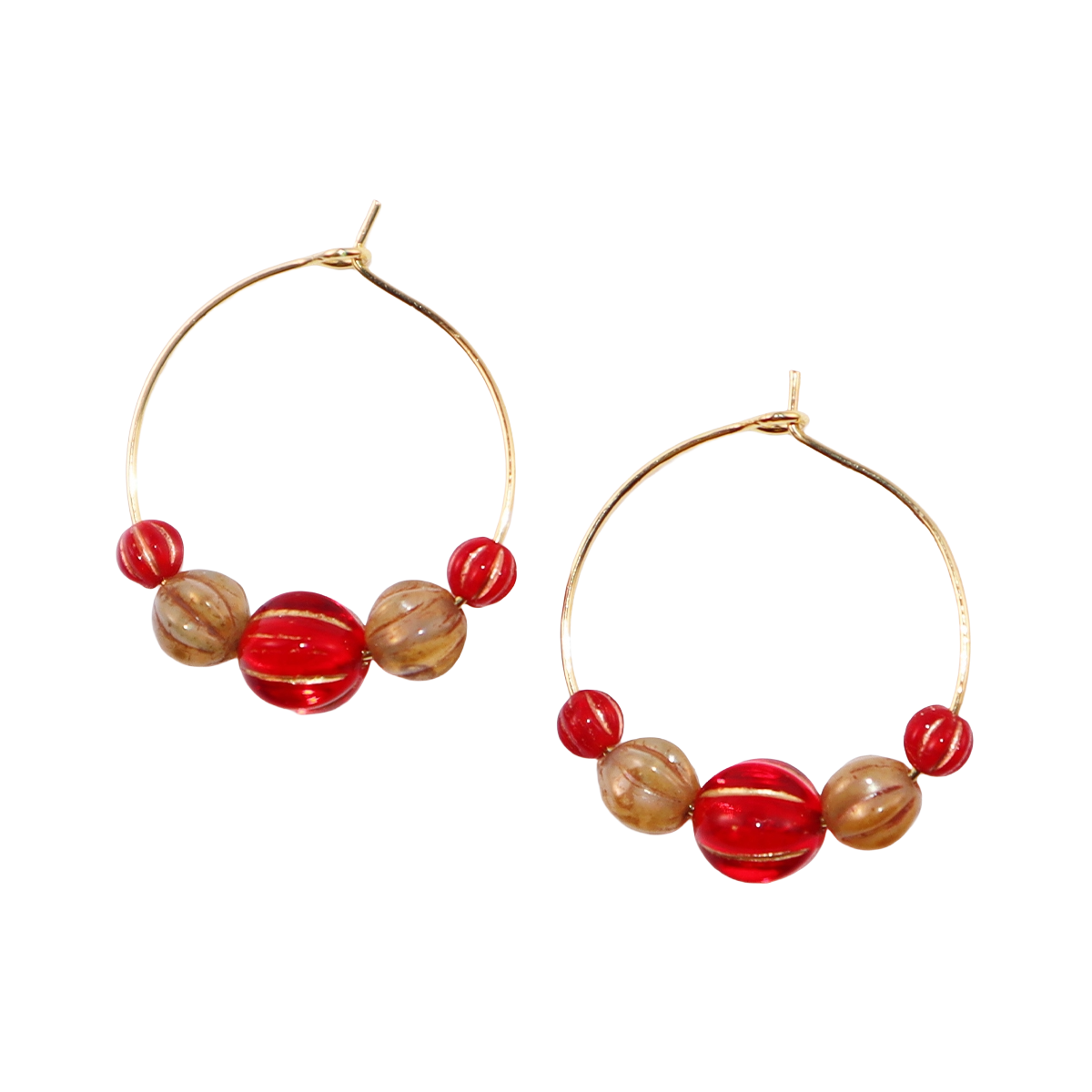 Beaded Hoop Earrings – Red Center with Brown and Red Beads