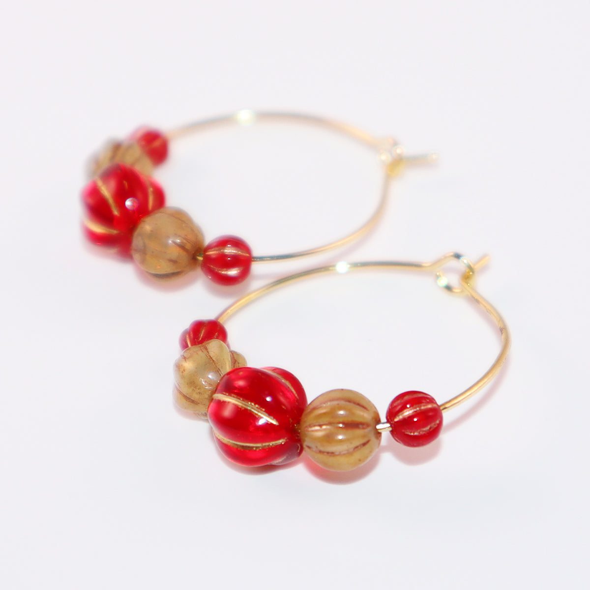 Beaded Hoop Earrings – Red Center with Brown and Red Beads